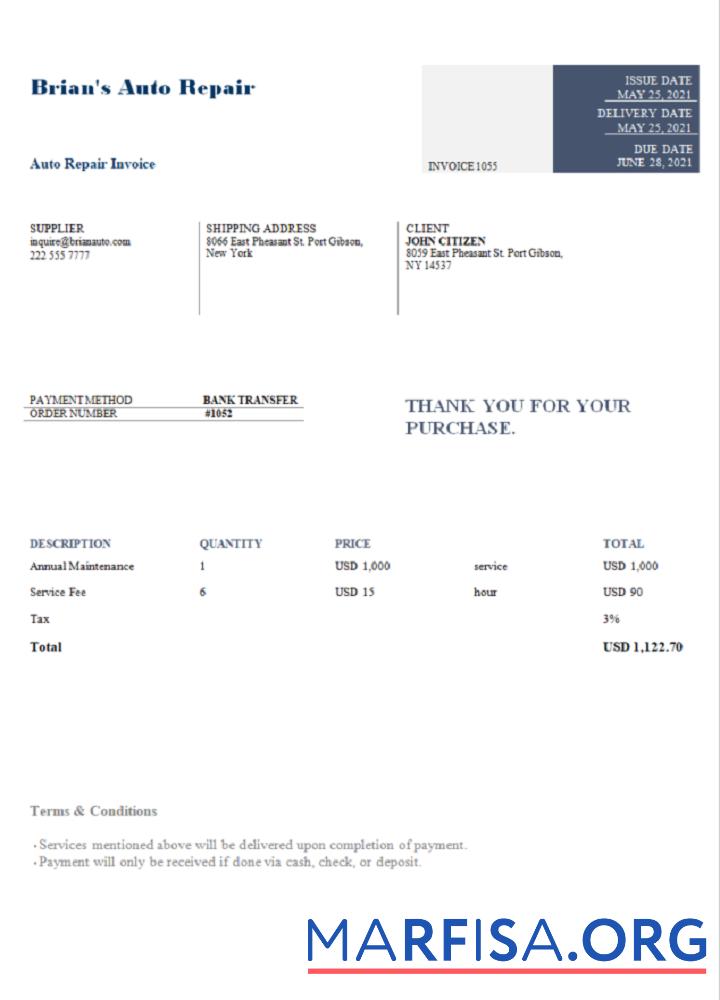 Printable USA Brian's Auto Repair invoice sample